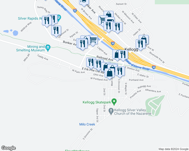 map of restaurants, bars, coffee shops, grocery stores, and more near 308 Ohio Avenue in Kellogg