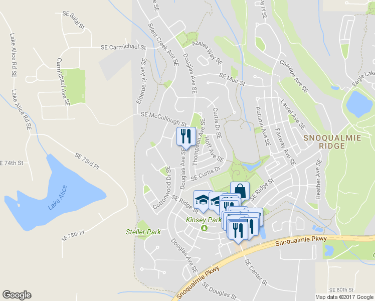 map of restaurants, bars, coffee shops, grocery stores, and more near 7306 Douglas Avenue Southeast in Snoqualmie
