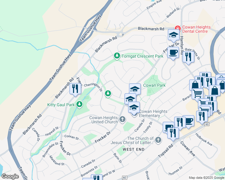 map of restaurants, bars, coffee shops, grocery stores, and more near 22 Gladney Street in St. John's