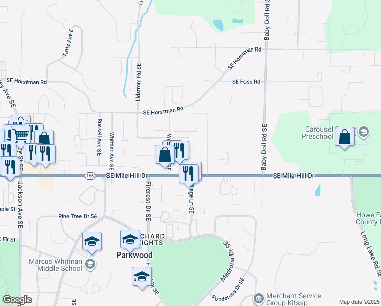 map of restaurants, bars, coffee shops, grocery stores, and more near 4342 Southeast Elijah Court in Port Orchard