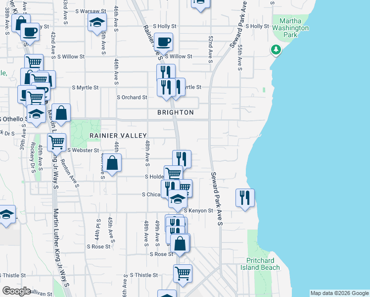 map of restaurants, bars, coffee shops, grocery stores, and more near 7430 South Medley Court in Seattle