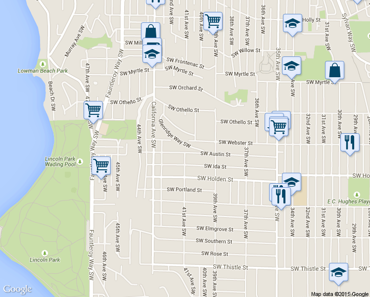 map of restaurants, bars, coffee shops, grocery stores, and more near 4107 Southwest Austin Street in Seattle