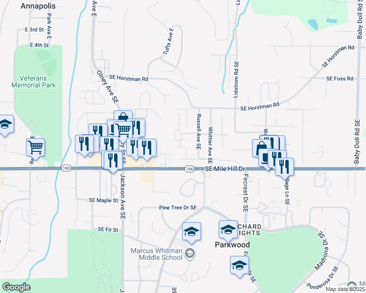 map of restaurants, bars, coffee shops, grocery stores, and more near 1500 Russell Avenue Southeast in Port Orchard