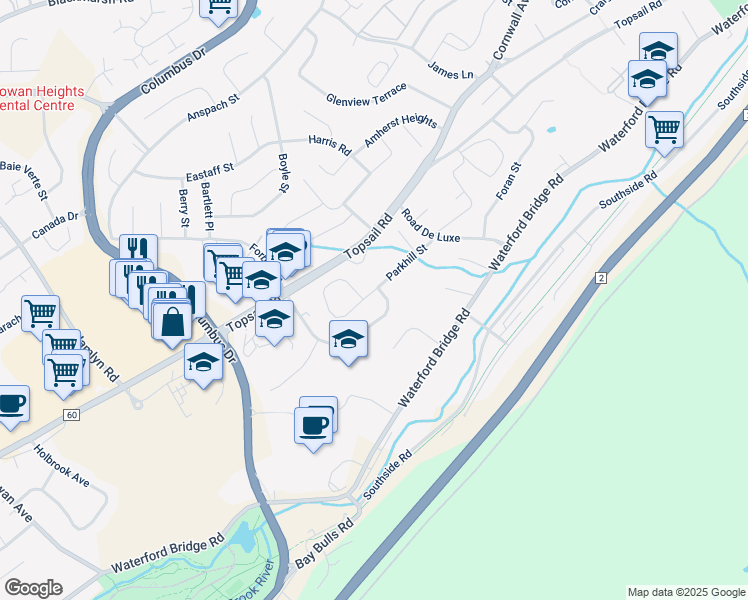 map of restaurants, bars, coffee shops, grocery stores, and more near 35 Parkhill Street in St. John's