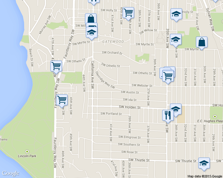 map of restaurants, bars, coffee shops, grocery stores, and more near 4107 Southwest Austin Street in Seattle