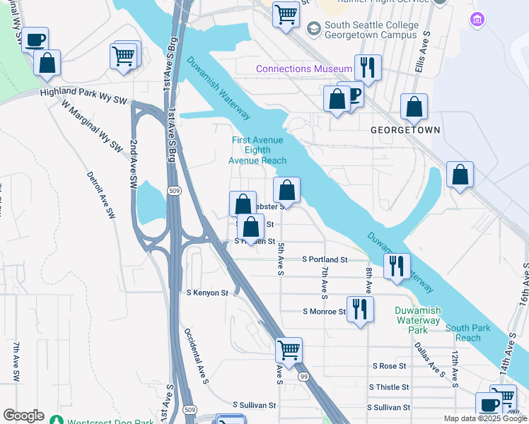 map of restaurants, bars, coffee shops, grocery stores, and more near 230-498 S Austin St in Seattle