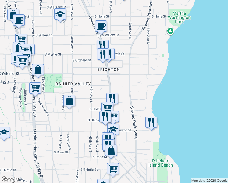 map of restaurants, bars, coffee shops, grocery stores, and more near 7418 Rainier Avenue South in Seattle