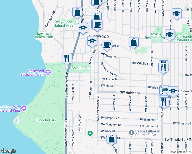 map of restaurants, bars, coffee shops, grocery stores, and more near 7550 44th Avenue Southwest in Seattle