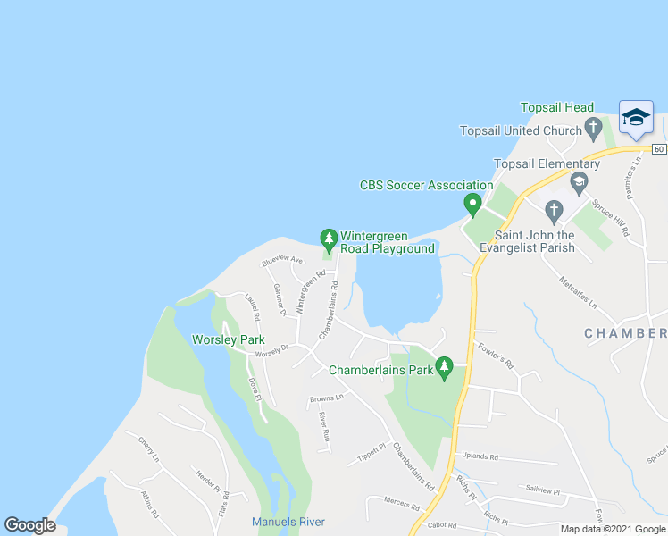 map of restaurants, bars, coffee shops, grocery stores, and more near 129 Chamberlains Road in Conception Bay South