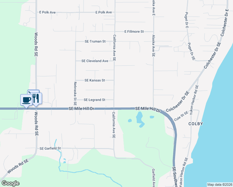 map of restaurants, bars, coffee shops, grocery stores, and more near 1435 California Avenue Southeast in Port Orchard