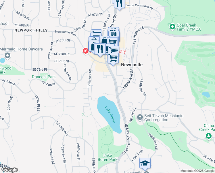 map of restaurants, bars, coffee shops, grocery stores, and more near 13056 Southeast 76th Street in Newcastle