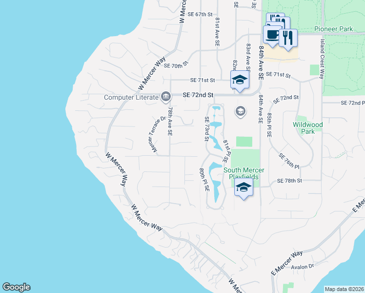 map of restaurants, bars, coffee shops, grocery stores, and more near 7928 Southeast 76th Street in Mercer Island