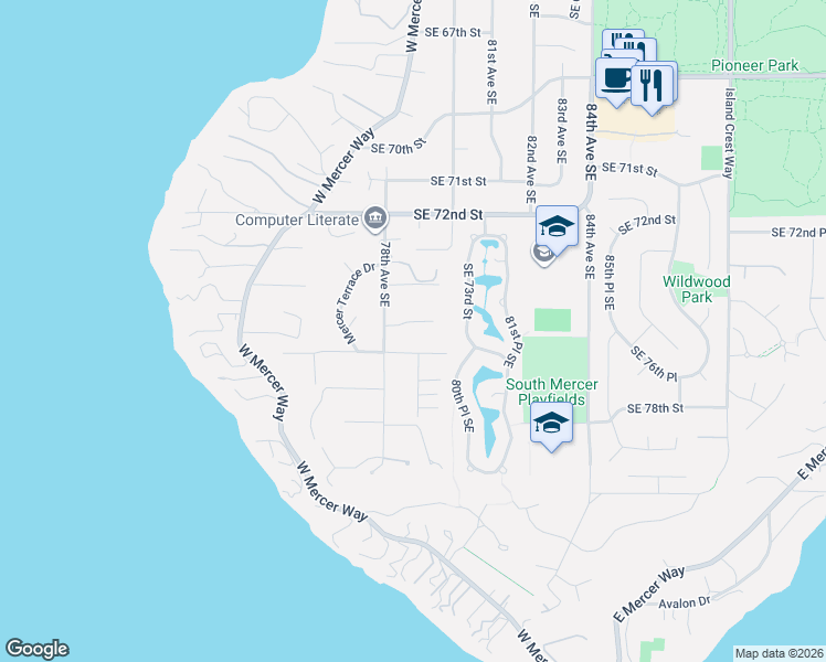 map of restaurants, bars, coffee shops, grocery stores, and more near 7928 Southeast 76th Street in Mercer Island