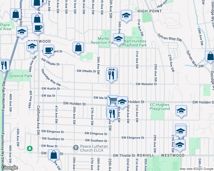 map of restaurants, bars, coffee shops, grocery stores, and more near 3516 Southwest Austin Street in Seattle