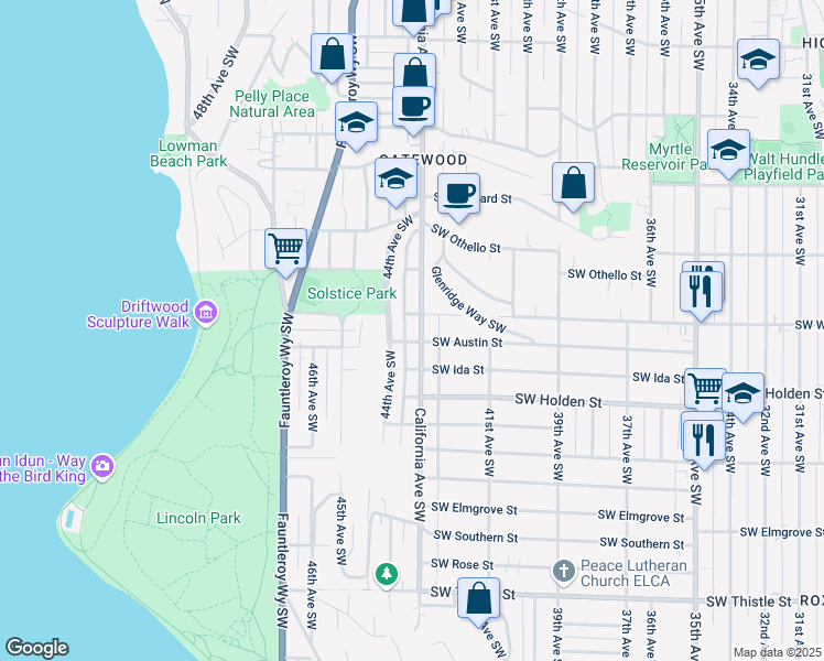 map of restaurants, bars, coffee shops, grocery stores, and more near 7550 44th Avenue Southwest in Seattle