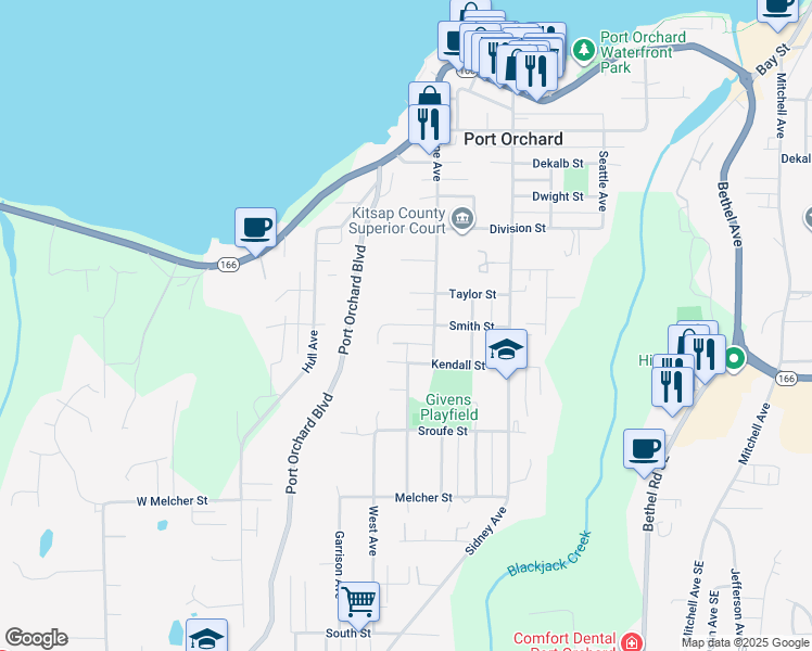 map of restaurants, bars, coffee shops, grocery stores, and more near 530 Smith Street in Port Orchard
