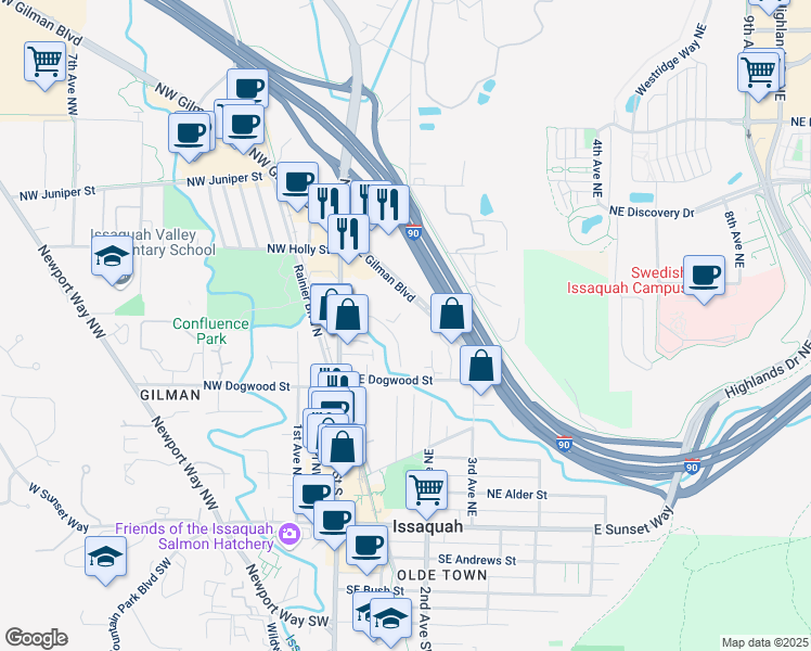 map of restaurants, bars, coffee shops, grocery stores, and more near 150 Northeast Crescent Drive in Issaquah