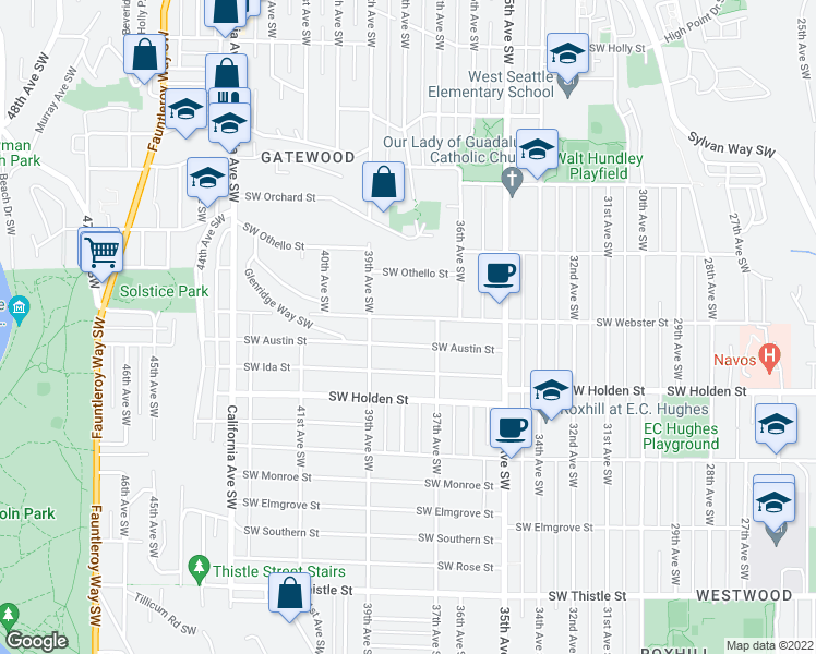 map of restaurants, bars, coffee shops, grocery stores, and more near 3725 Southwest Webster Street in Seattle