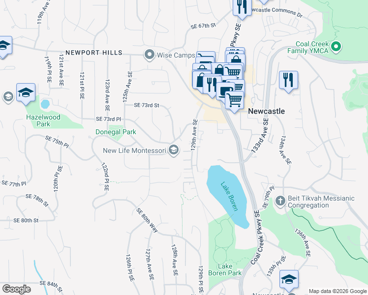 map of restaurants, bars, coffee shops, grocery stores, and more near 12832 Southeast 75th Terrace in Newcastle