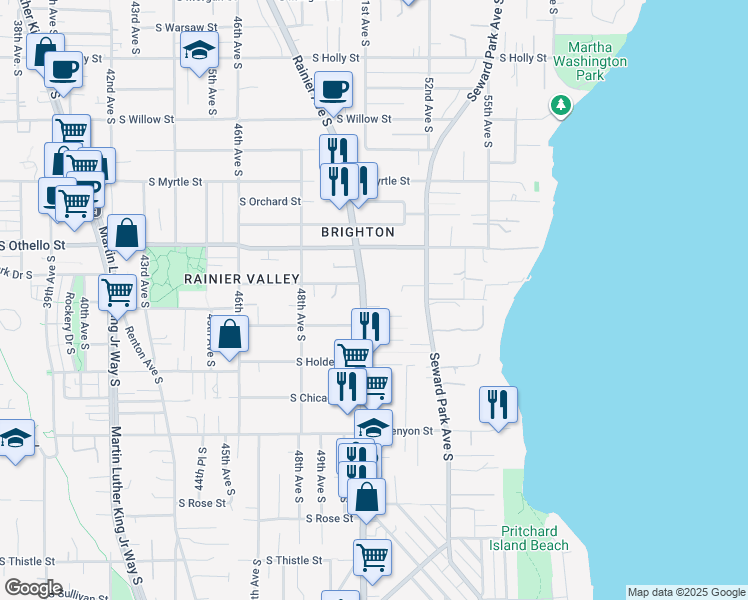 map of restaurants, bars, coffee shops, grocery stores, and more near 7430 South Medley Court in Seattle