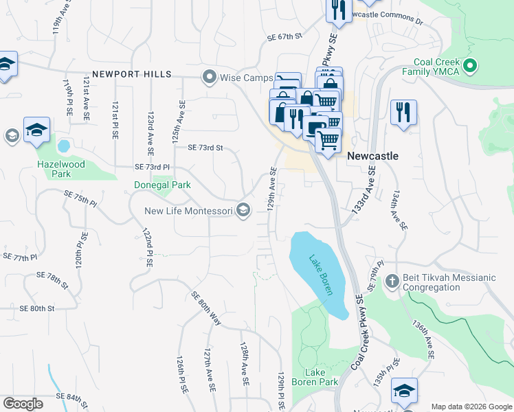 map of restaurants, bars, coffee shops, grocery stores, and more near 12832 Southeast 75th Terrace in Newcastle