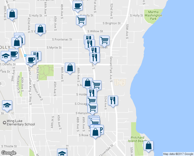 map of restaurants, bars, coffee shops, grocery stores, and more near 7430 South Medley Court in Seattle