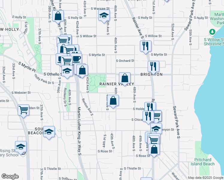 map of restaurants, bars, coffee shops, grocery stores, and more near 7501 46th Avenue South in Seattle