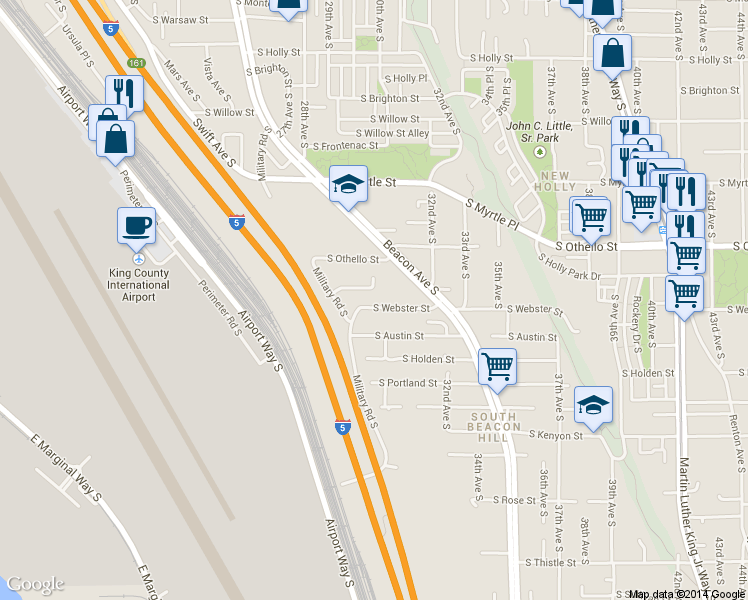 map of restaurants, bars, coffee shops, grocery stores, and more near 2937 South Webster Street in Seattle