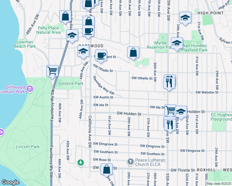 map of restaurants, bars, coffee shops, grocery stores, and more near 3937 Southwest Austin Street in Seattle