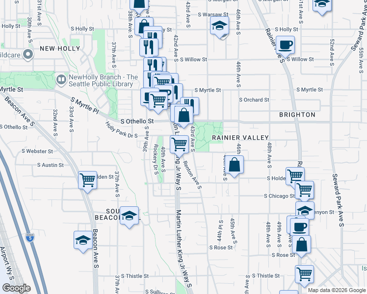 map of restaurants, bars, coffee shops, grocery stores, and more near 4200 South Webster Street in Seattle