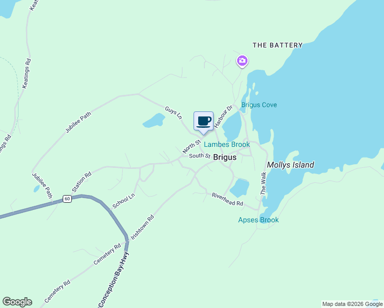 map of restaurants, bars, coffee shops, grocery stores, and more near 1 South Street in Brigus