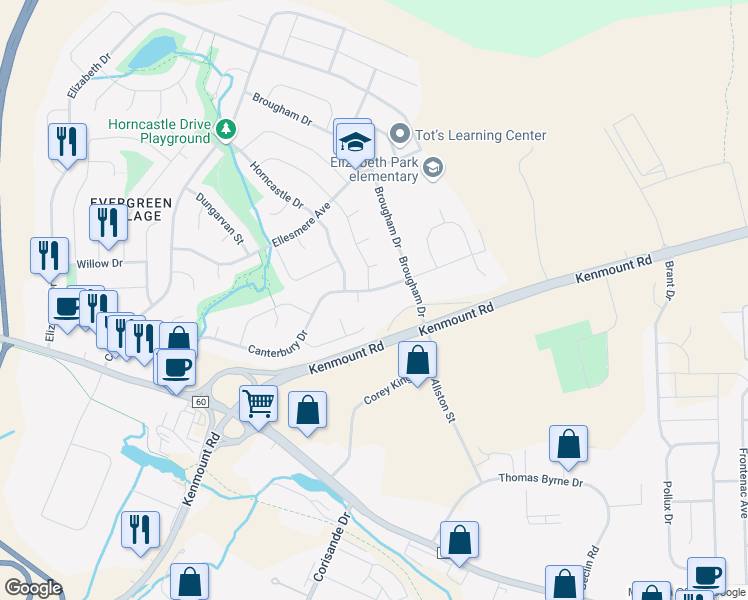 map of restaurants, bars, coffee shops, grocery stores, and more near 112 Canterbury Drive in Paradise