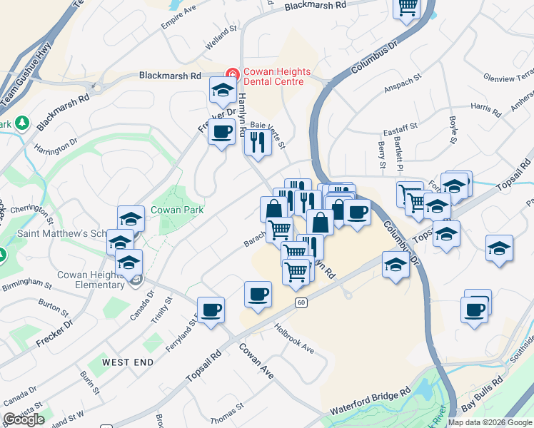 map of restaurants, bars, coffee shops, grocery stores, and more near 71 Hamlyn Road in St. John's