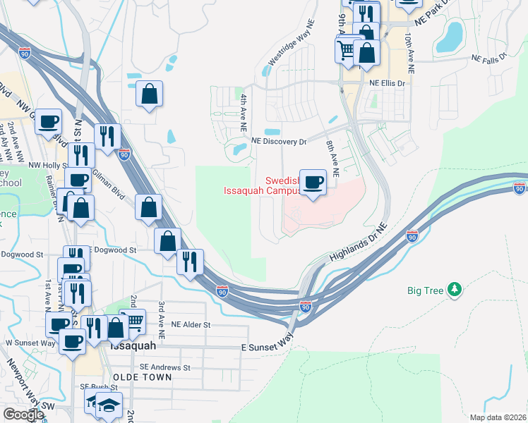 map of restaurants, bars, coffee shops, grocery stores, and more near 450 5th Avenue Northeast in Issaquah