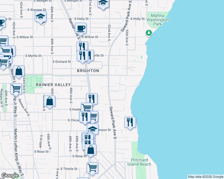map of restaurants, bars, coffee shops, grocery stores, and more near 7500 Seward Park Avenue South in Seattle