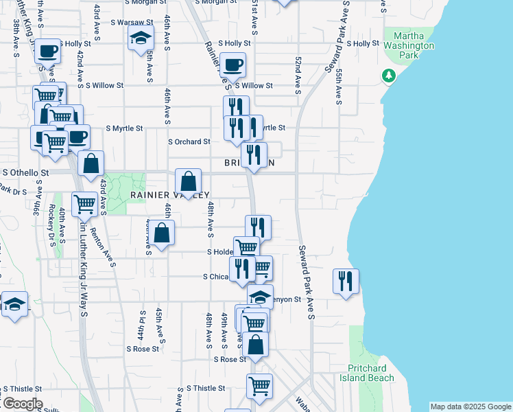 map of restaurants, bars, coffee shops, grocery stores, and more near 7430 South Medley Court in Seattle