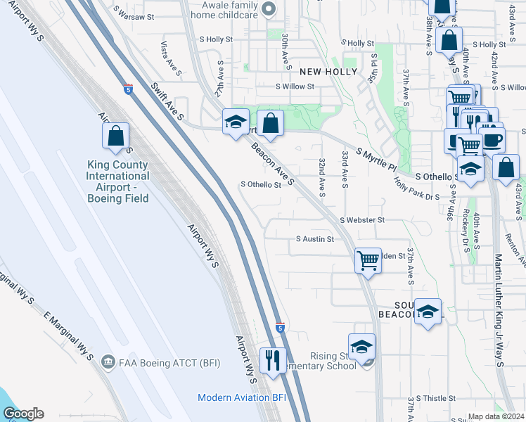 map of restaurants, bars, coffee shops, grocery stores, and more near 7507 29th Avenue South in Seattle