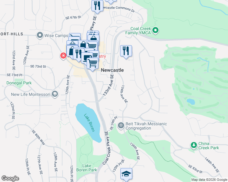map of restaurants, bars, coffee shops, grocery stores, and more near 7437 134th Avenue Southeast in Newcastle
