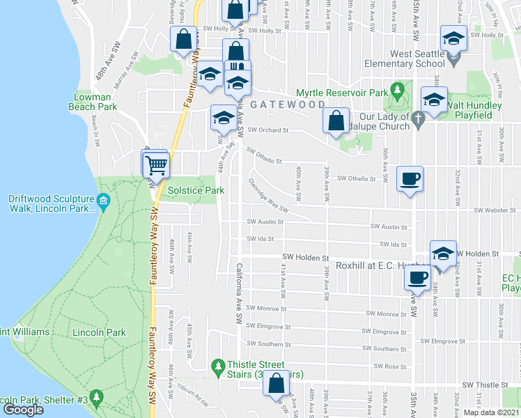 map of restaurants, bars, coffee shops, grocery stores, and more near 4143 Southwest Austin Street in Seattle