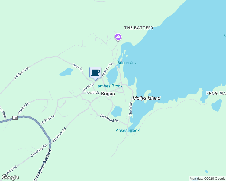 map of restaurants, bars, coffee shops, grocery stores, and more near Magistrates Hill in Brigus