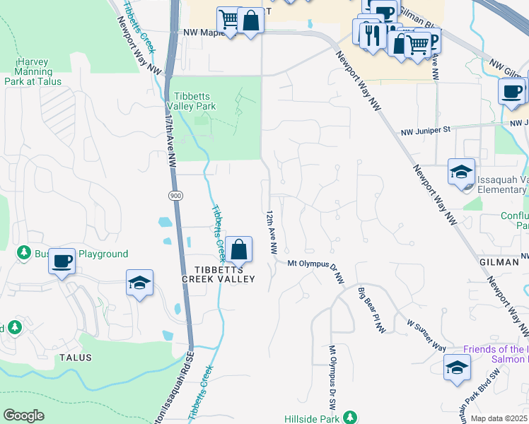 map of restaurants, bars, coffee shops, grocery stores, and more near 505 Kalmia Place Northwest in Issaquah
