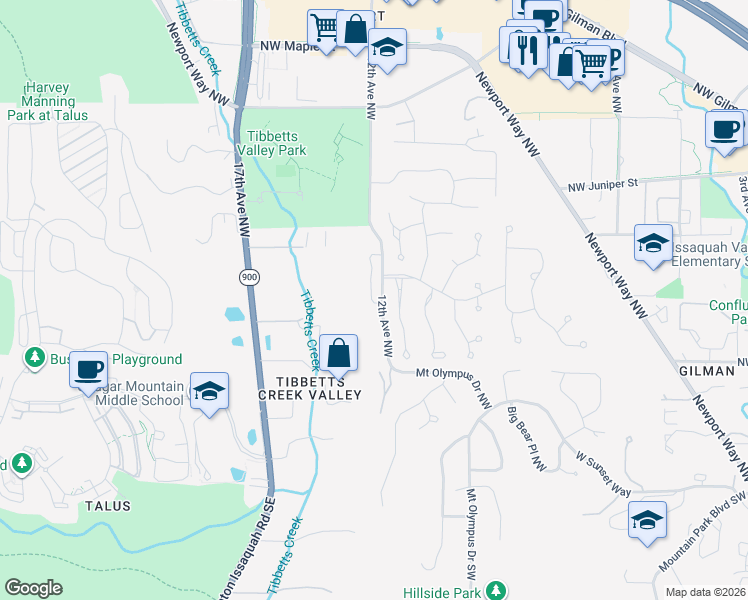 map of restaurants, bars, coffee shops, grocery stores, and more near 505 Kalmia Place Northwest in Issaquah