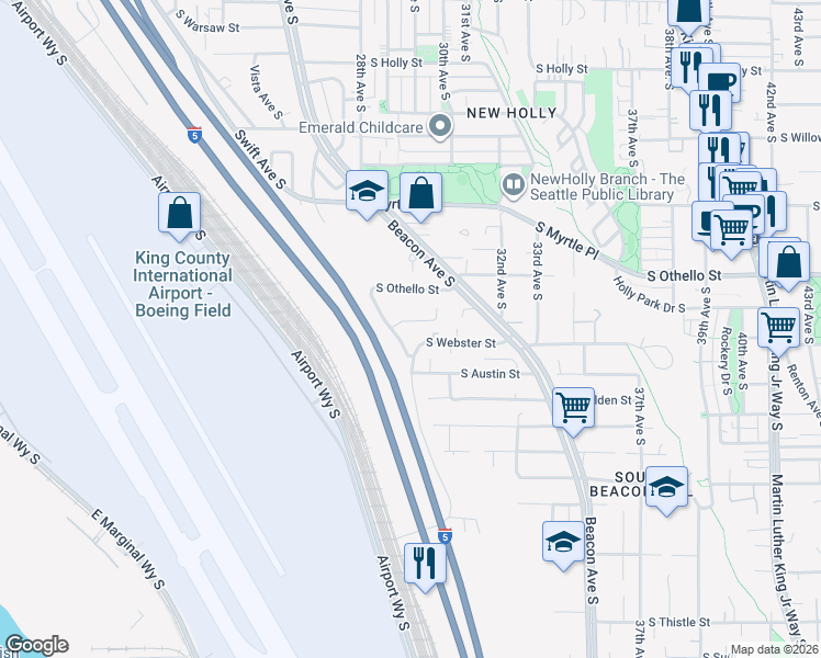 map of restaurants, bars, coffee shops, grocery stores, and more near 7507 29th Avenue South in Seattle