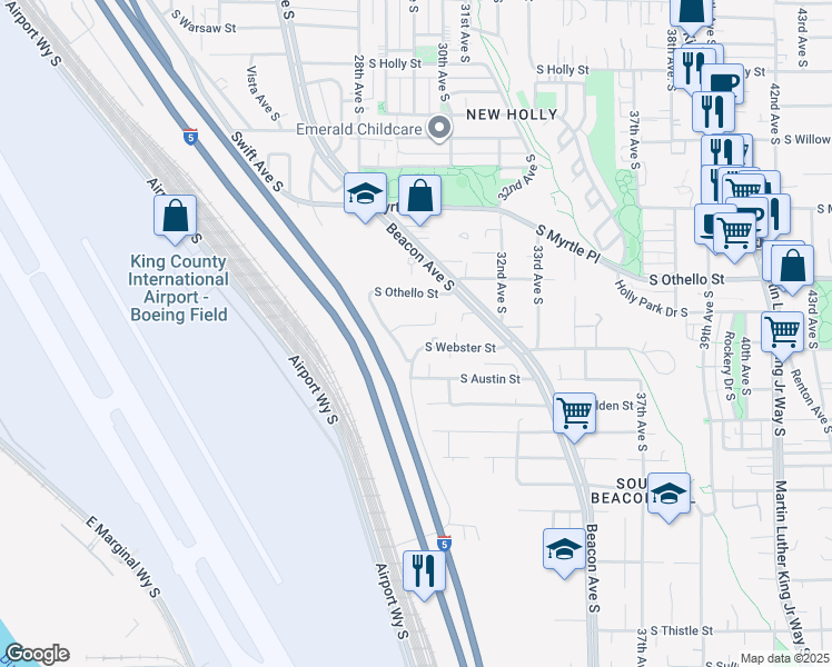 map of restaurants, bars, coffee shops, grocery stores, and more near 7507 29th Avenue South in Seattle