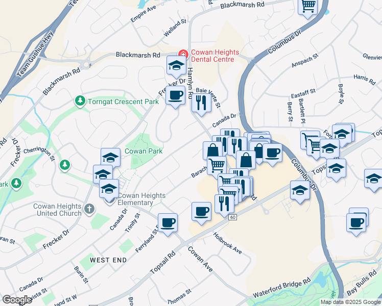 map of restaurants, bars, coffee shops, grocery stores, and more near 38 Curling Place in St. John's