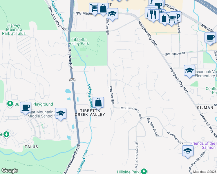 map of restaurants, bars, coffee shops, grocery stores, and more near 601 12th Avenue Northwest in Issaquah