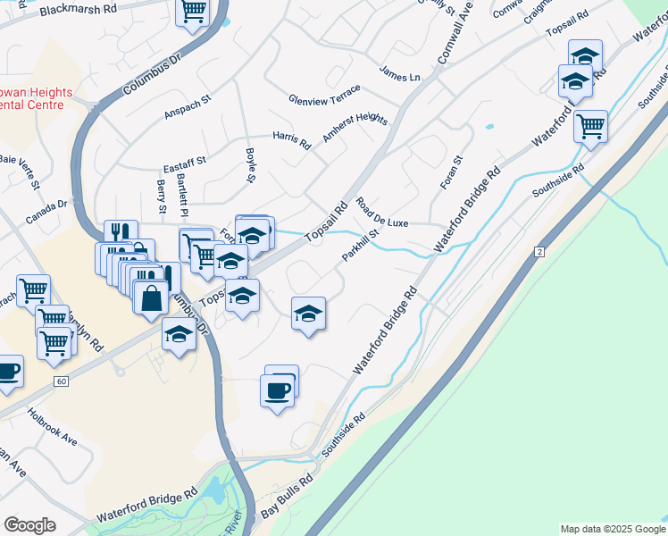 map of restaurants, bars, coffee shops, grocery stores, and more near Parkhill Street in Saint John's
