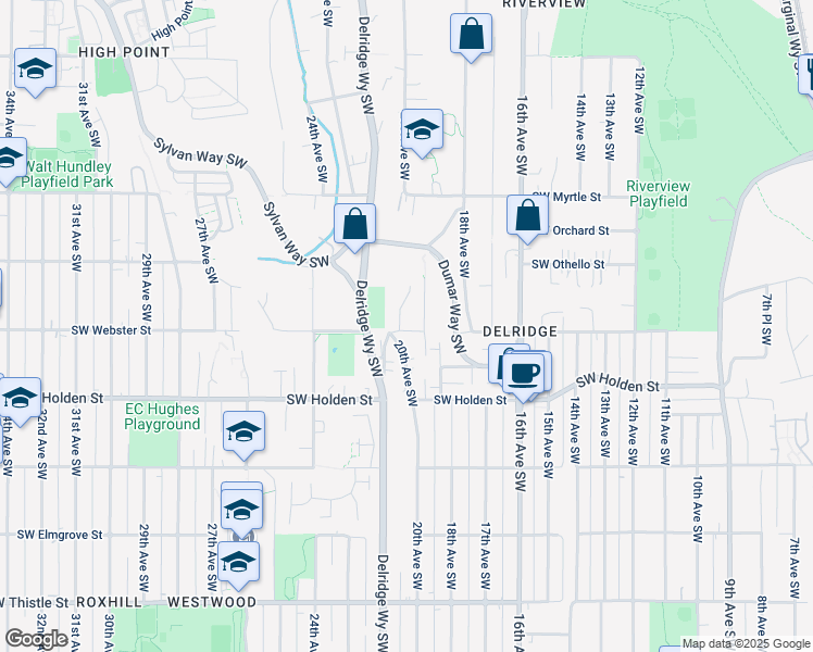 map of restaurants, bars, coffee shops, grocery stores, and more near 1931 Southwest Webster Street in Seattle