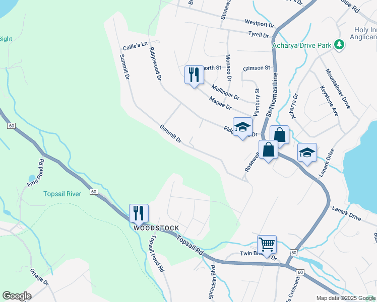 map of restaurants, bars, coffee shops, grocery stores, and more near 75 Summit Drive in Paradise