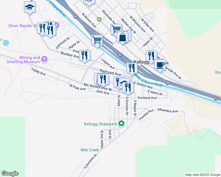 map of restaurants, bars, coffee shops, grocery stores, and more near 124 Mc Kinley Avenue West in Kellogg